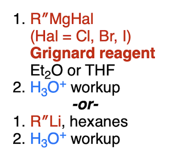 <p><strong>organometallic</strong>, e.g. Grignard (irreversible) </p><p>aldehyde/ketone [2] → ?</p>