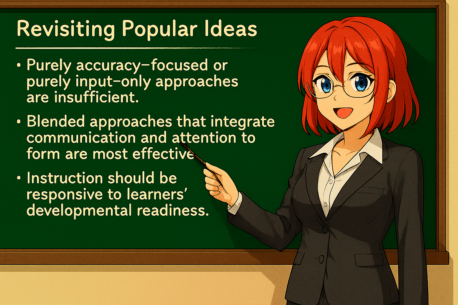 <ul><li><p>Purely accuracy‑focused or purely input‑only approaches are insufficient.</p></li><li><p>Blended approaches that integrate communication and attention to form are most effective.</p></li><li><p>Instruction should be responsive to learners’ developmental readiness.</p></li></ul><p></p>