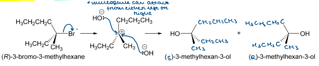 <ul><li><p>Tertiary alkyl halide = S<sub>N</sub>1</p></li><li><p>Two-step process</p></li><li><p>Leaving group leaves during RDS forming carbocation intermediate </p></li><li><p>Nucleophile attacks the +ve C</p></li></ul><p></p>