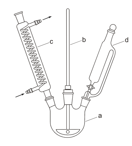 <p>a - kolba trójszyjna</p><p>b - mieszadło mechaniczne</p><p>c - chłodnica zwrotna</p><p>d - wkraplacz z wyrównaniem ciśnienia</p>