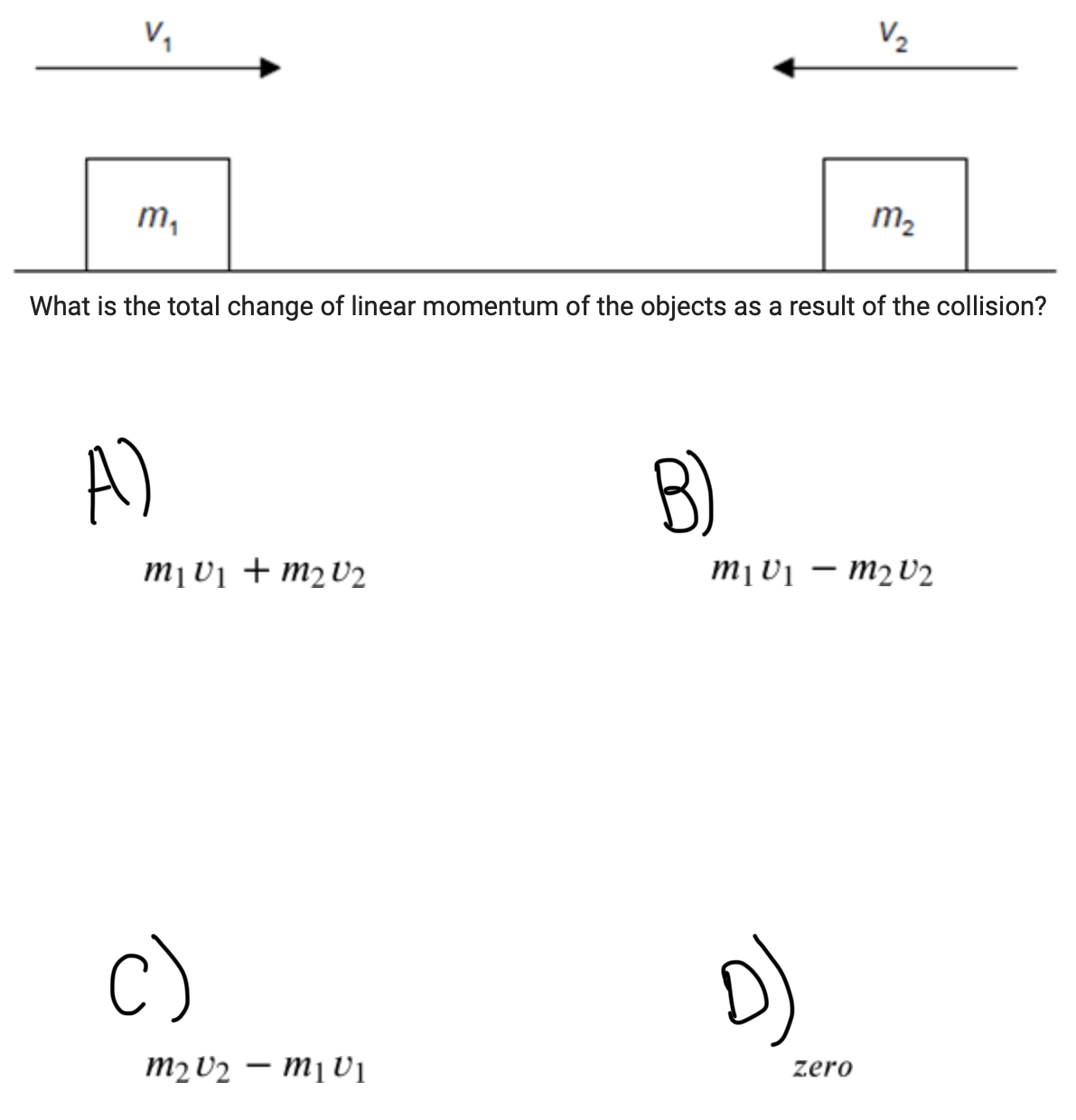 <p><span>Two objects m1 and m2 approach each other along a straight line with speeds v1 and v2 as shown. The objects collide and stick together.</span></p>