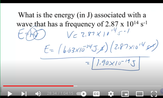 <p>E=hv </p><p>(6.63 × 10^-24J)(2.87×10^14 S^-1) = 1.90 × 10^-19 J</p>