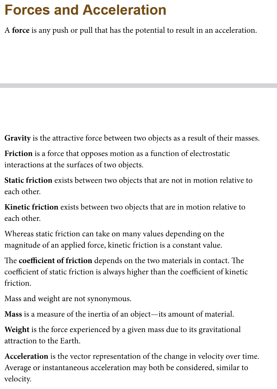 <p>-Force<br>-Gravity<br>-Friction<br>-Static friction<br>-Kinetic friction<br>-Coefficient of friction<br>-Normal force<br>-Mass<br>-Weight<br>-Acceleration<br>-Drag force</p>
