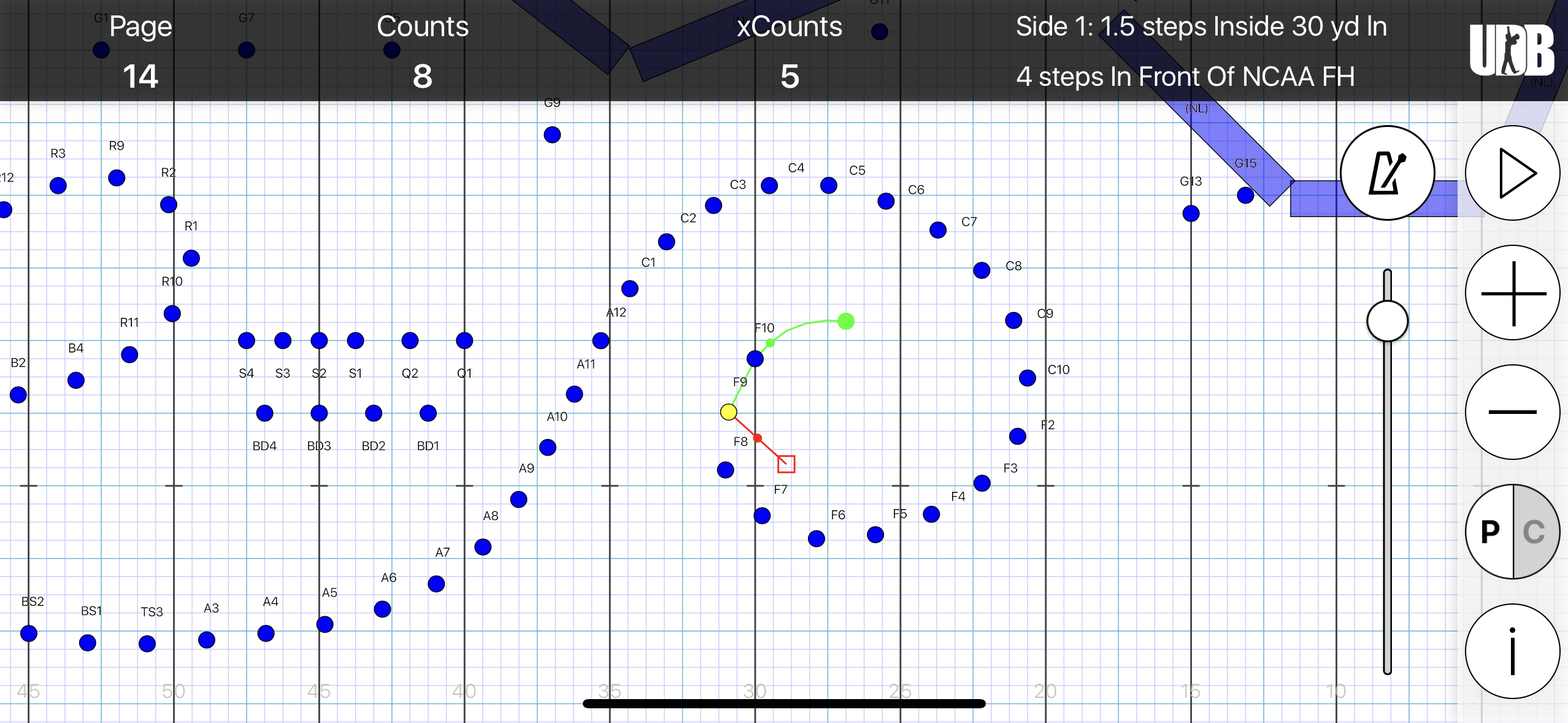 <p>STS: Side 1, 1.5 steps inside 30 yd ln</p><p>FTB: 4 steps in front of FH</p><p>SS: 15 to 5 for 16 counts</p><p>XC: 13</p>