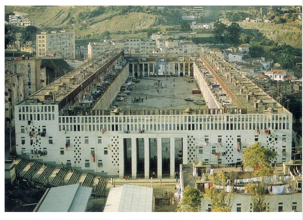 They actually do good with affordable housing for once
New mayor of capital Algiers advocates for new social housing as a measure to appease colonial discontent
French architect F. Pouillon is appointed the city’s chief architect –main goal: to improve squatters living in bidonvilles(tin can cities) –new 1600 affordable housing units produced in the first year –modern style, use of masonry
Climatde France social housing (1959) –5000 residents –“royal” courtyard recalling the scale of French palaces –3-story high free-standing colonnade adds intense shadows and gives character to the building