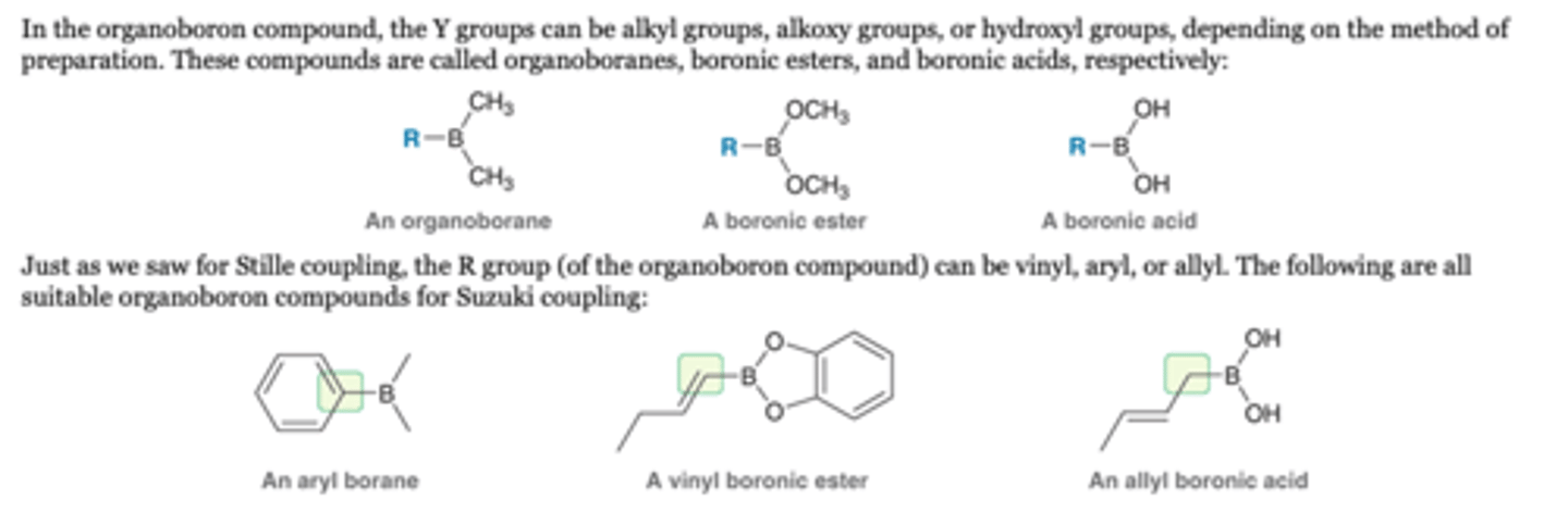 <p>Y groups</p><p>In the organoboron compound, the Y groups can be alkyl groups, alkoxy groups, or hydroxyl groups</p><p>R Group</p><p>the R group (of the organoboron compound) can be vinyl, aryl, or allyl</p>