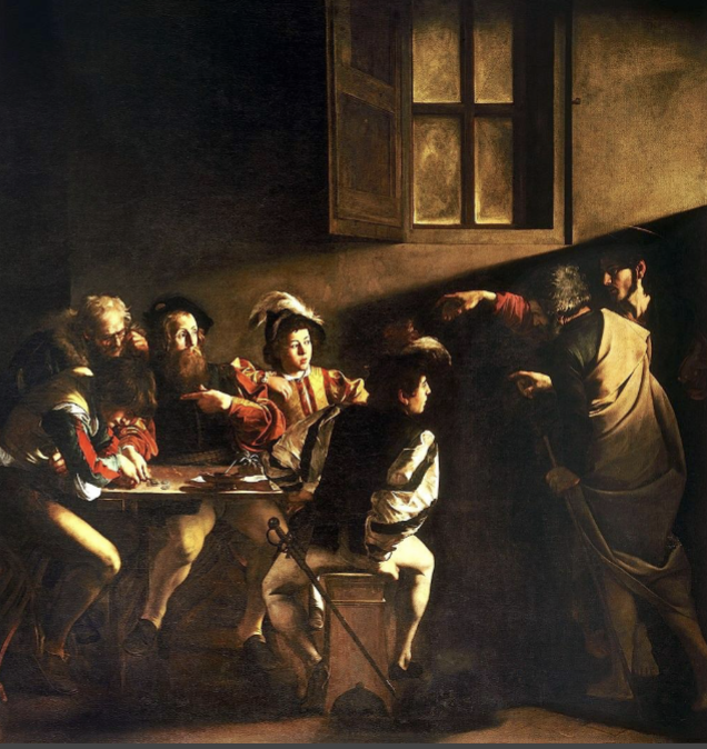 <p>Caravaggio, The Calling of St. Matthew, 1599–1600. Contarelli Chapel, San Luigi dei Francesi</p>