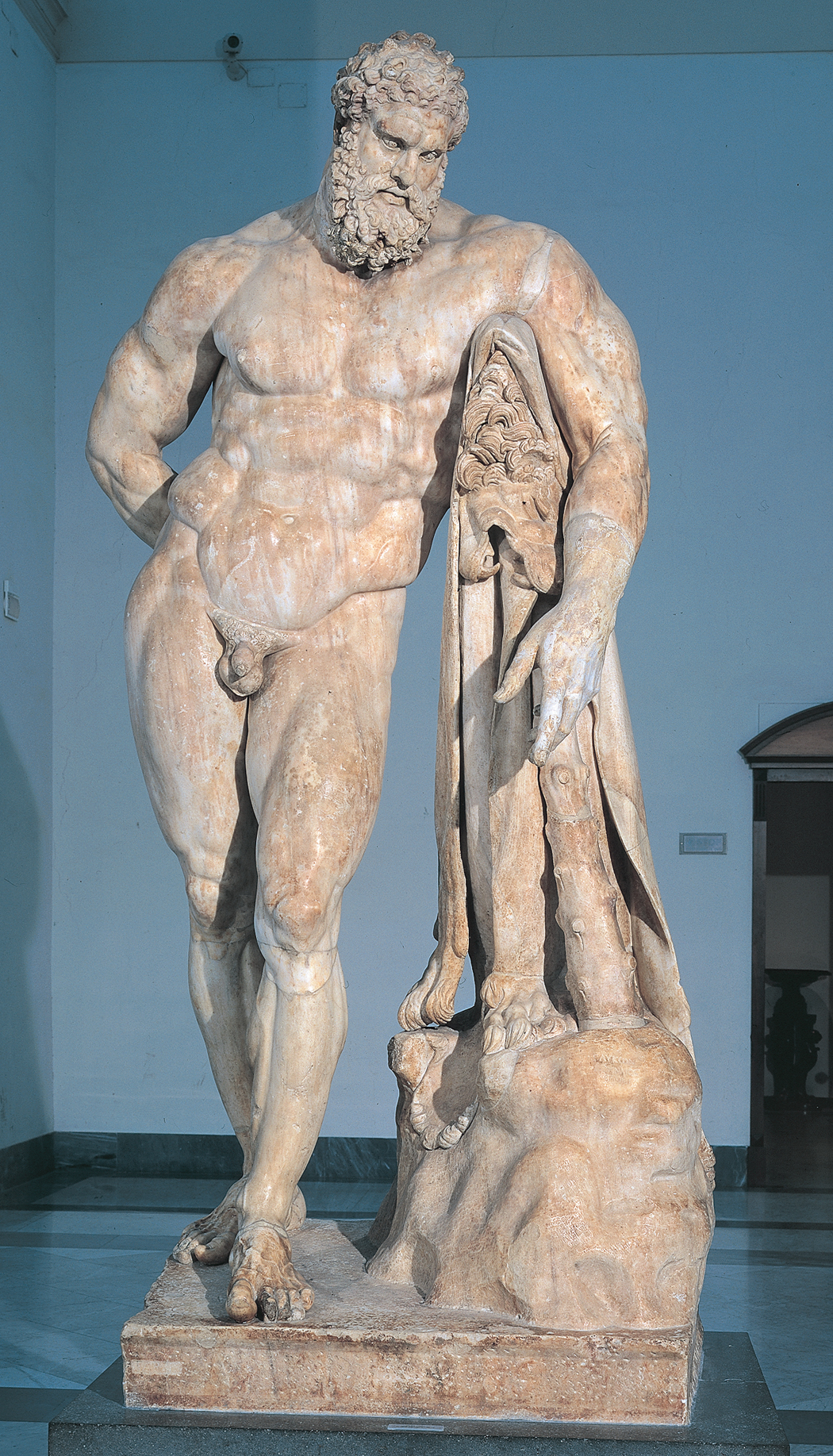 extremely muscular, hyper naturalistic, strong yet fatigued, holding apples
