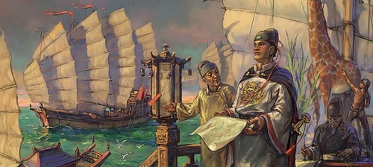 <p>From 1405-1433 he led a series of 7 expeditions to show China's wealth and power.<br>-1st fleet: went to Southeast Asia<br>-Later: went to India, Persian Gulf, Arabia, East Africa</p>