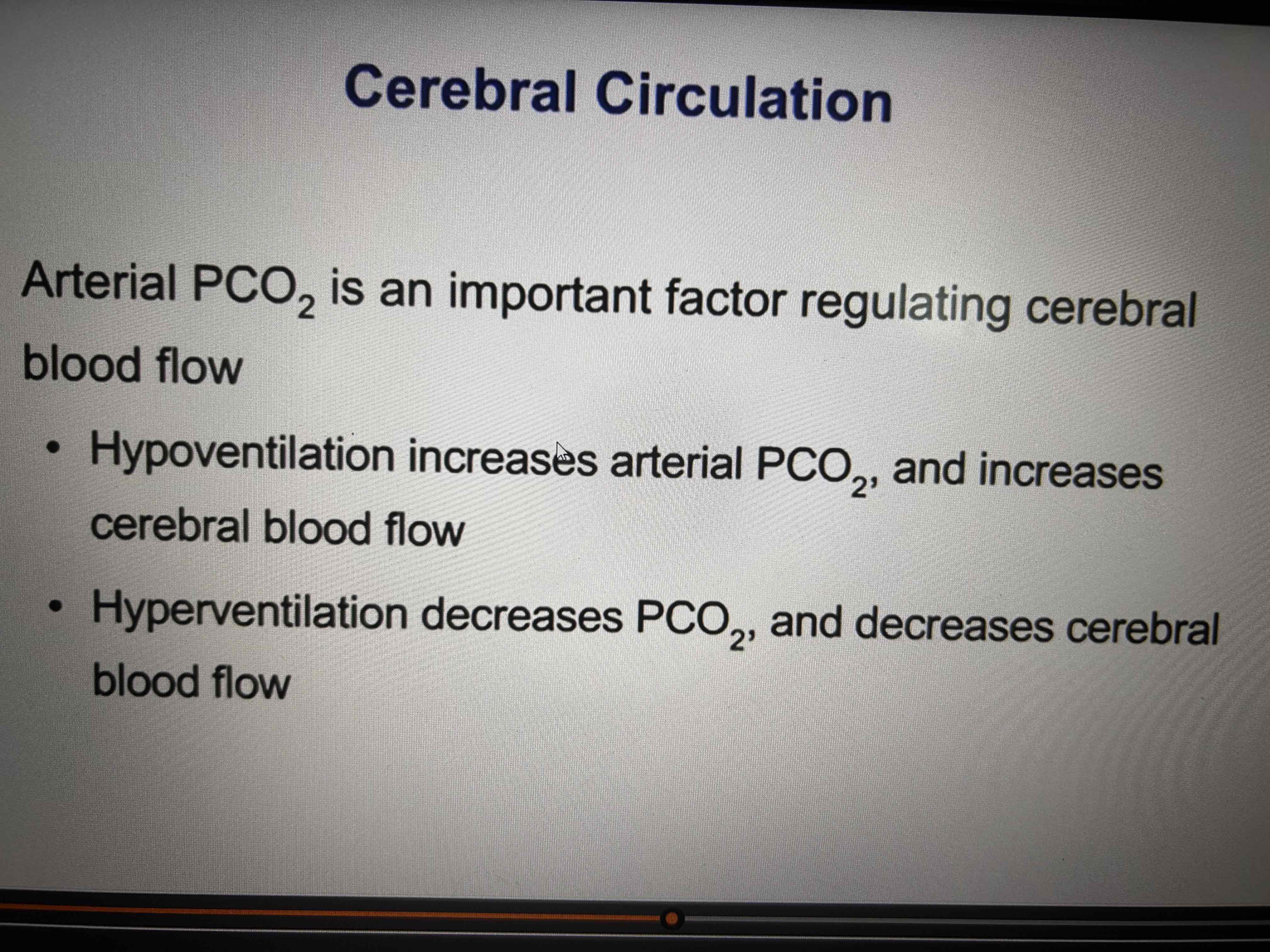 <p>If arterial PO2 is normal or above cerebral blood flow is regulated via arterial PCO2</p><p>A large decrease in arterial O2 increases cererbal flow (high attitude pulmonary edema)</p><p>Baroreceptors don’t affect flow</p>