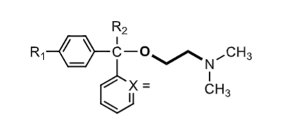 <p><strong>ethanolamine ethers </strong></p><p>X= </p><p>R2 = </p><p>R1= </p><p></p><p>when the benzylic carbon is chiral two enantiomers result</p><ul><li><p>which enantiomer is more potent?</p></li></ul><p></p>