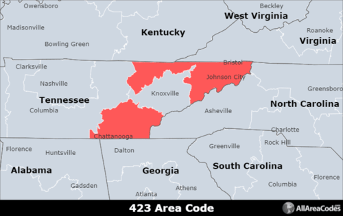 <p>Area code 423 is the area code for central Tennessee, north and south of Knoxville. It includes the cities of Chattanooga, Johnson City, and Kingsport. It is the only area code that serves the area.</p>