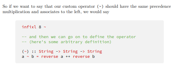 <p>infix[l/r] → left or right associative</p><p>[precedence] → between 0 to 9</p><p>operator - value of operator</p>