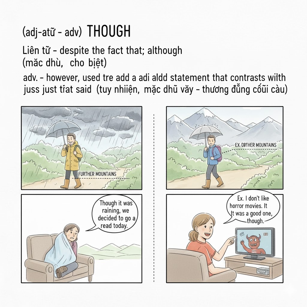 <ol><li><p>Liên từ - <strong>despite the fact that; although</strong> (mặc dù, cho dù)</p></li></ol><p></p><ol start="2"><li><p>adv - <strong>however; used to add a statement that contrasts with what has just been said</strong> (tuy nhiên, mặc dù vậy - thường đứng cuối câu)</p></li></ol><p></p>