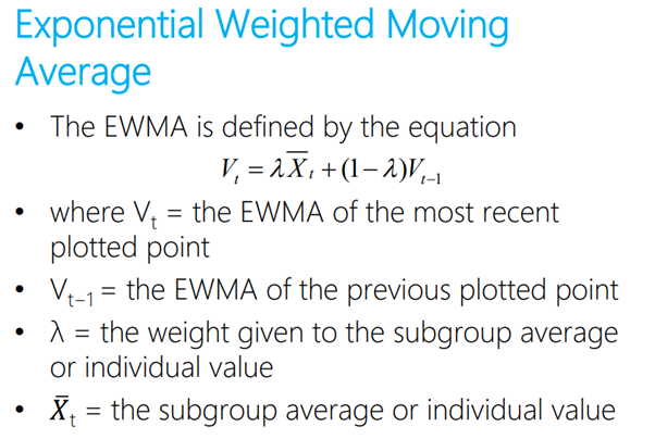 <p>The value of lambda (λ) should be between 0.05 and 0.25 with lower values giving a better ability to detect smaller shifts </p><p>Values of 0.08, 0.10 and 0.15 work well </p><p>In order to start the sequential calculations, V subscript (t-1) is given the value ‘X bar bar’</p>