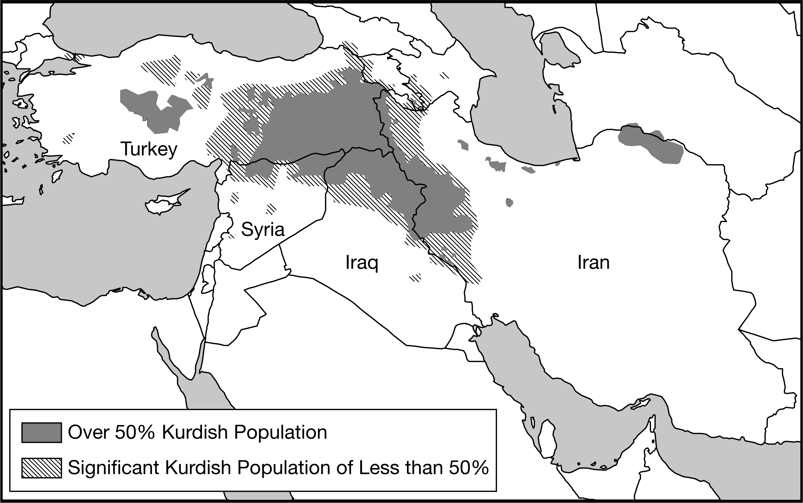 <p><span><span>Based on the information in the map, what is the most likely outcome of the possible establishment of an independent Kurdistan for the Kurdish people?</span></span></p>