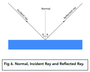 <p>the line runs perpendicular to the mirror between 2 rays</p>