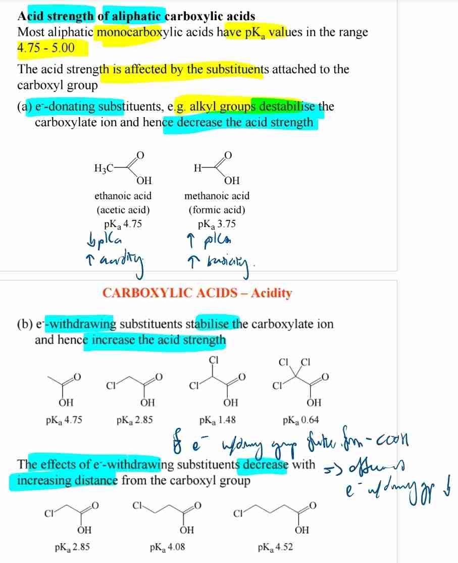 <p>- Electron-donating groups decrease acidity.</p><p>- Electron-withdrawing groups increase acidity.</p>