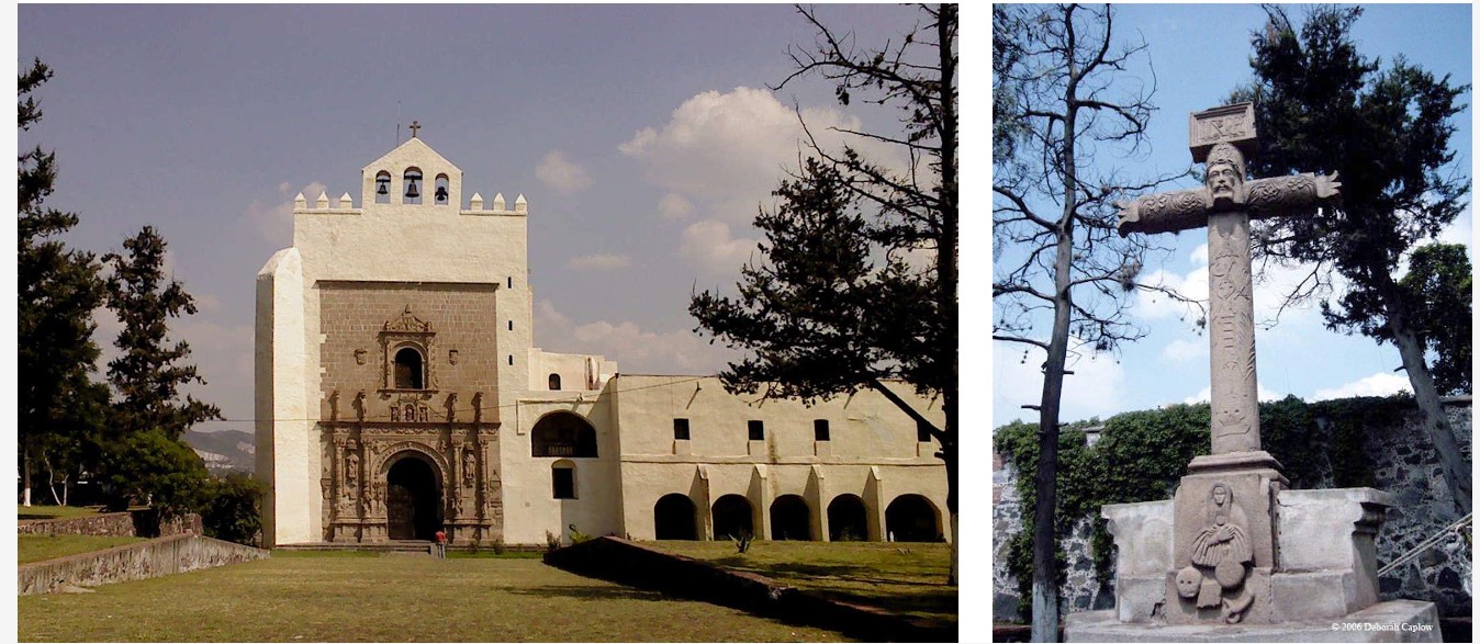 <ul><li><p>Dominican order with their own beliefs </p></li><li><p>triumphal arch in front, built by Mexica builders </p><ul><li><p>church friars incorporated Pre-Columbian open spaces </p></li></ul></li><li><p>Atrial Cross </p><ul><li><p>Christian and indigenous features </p></li><li><p>telling Christ’s story in the language of the indigenous, Jesus becomes like an Aztec tree </p></li><li><p>Pierced heart </p></li></ul></li></ul>