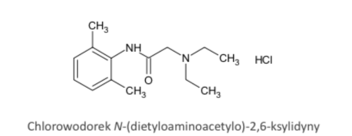<p>Lidocainum- Lidocaine</p><p>2-(dietyloamino)-N-(2,6-dimetylofenylo)acetamid</p><p></p><p>1. <strong>Wnikanie do neuronu</strong></p><ul><li><p>Lidokaina to <strong>zasada słaba (pKa ≈ 7,9)</strong> – tylko forma niezjonizowana (lipofilna) przechodzi przez błonę komórkową neuronu.</p></li><li><p>W cytoplazmie ulega protonacji → <strong>aktywną formą jest kation (forma zjonizowana)</strong>.</p></li></ul><p>2. <strong>Blokowanie kanału sodowego (Nav1.x)</strong></p><ul><li><p>Zjonizowana lidokaina <strong>wiąże się z wewnętrzną częścią kanału sodowego</strong> (od strony cytoplazmy).</p></li><li><p><strong>Zamyka kanał</strong> w fazie jego otwarcia lub inaktywacji → <strong>zablokowanie napływu Na⁺</strong>.</p></li></ul><p>3. <strong>Efekt fizjologiczny</strong></p><ul><li><p>Brak depolaryzacji → brak potencjału czynnościowego → <strong>utrata czucia bólu, temperatury, dotyku, ruchu</strong> (w tej kolejności, w zależności od dawki i typu włókien nerwowych).</p></li></ul><p></p><p><strong>II. DZIAŁANIE PRZECIWARYTMICZNE</strong></p><p>1. <strong>Cel: kanały sodowe w kardiomiocytach (Nav1.5)</strong></p><ul><li><p>Działa <strong>głównie na włókna Purkinjego i komórki mięśnia komór</strong>.</p></li><li><p><strong>Wiąże się preferencyjnie z kanałami otwartymi lub inaktywowanymi</strong> → efekt zależny od rytmu (tzw. <em>use-dependent block</em> – silniejszy przy szybszym rytmie serca).</p></li></ul><p>2. <strong>Wpływ na potencjał czynnościowy</strong></p><ul><li><p><strong>Hamuje fazę 0</strong> (szybki napływ Na⁺) → spowalnia depolaryzację komórek.</p></li><li><p><strong>Skraca repolaryzację</strong> (działanie w fazie 3) przez pośredni wpływ na K⁺ i Ca²⁺.</p></li><li><p><strong>Nie wpływa znacząco na przewodzenie przedsionkowe ani zatokowe</strong> – dlatego działa głównie <strong>na arytmie komorowe</strong>, nie nadkomorowe.</p></li></ul><p></p>