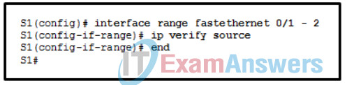 <p>92. Refer to the exhibit. The ip verify source command is applied on untrusted interfaces. Which type of attack is mitigated by using this configuration?</p><p>DHCP spoofing</p><p>DHCP starvation</p><p>STP manipulation</p><p>MAC and IP address spoofing</p>