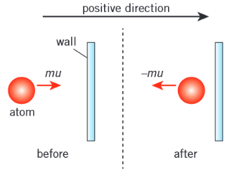 <ul><li><p>Innitial velocity = u, so innitial momentum = mu</p></li><li><p>Velocity after collision = -u (speed doesn’t change but directions is opposite), so momenutum after collision = -mu</p></li><li><p>∆p = (-mu) - (mu) = <strong>-2mu</strong></p></li></ul><p></p>