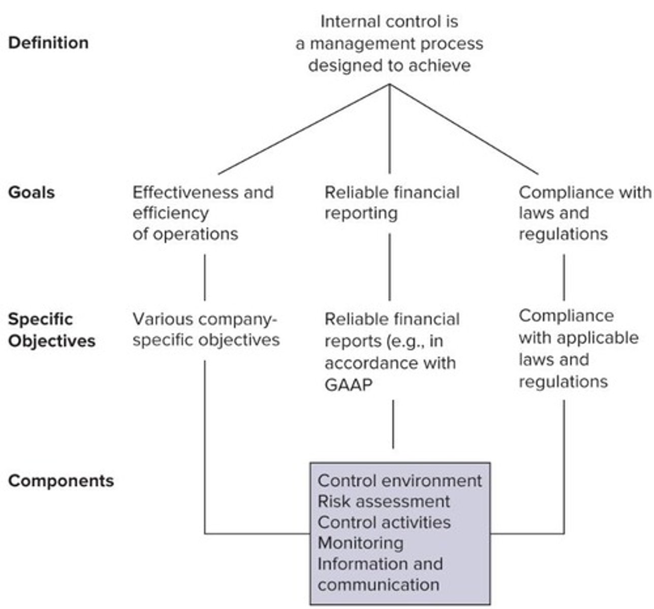 <p>1. Control environment 2. Risk assessment 3. Control activities 4. Monitoring 5. Information and communication.</p>