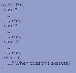 <p>This is how switch statement works:</p><p>The switch expression is evaluated once</p><p>The value of the expression is compared with the values of each Case. </p><p>If there is a match, the associated code block is executed. For example, if the value of the expression is 9, then case 9 will be executed. If the value of the expression is 10, then case 10 will be executed.</p><p>Break statement is executed to end the conditional checking and default is the default case if there are no cases that are equal to the value of the switch expression (similar to ELSE).</p><p>Now answer the following question. For what values of x does the default case execute in the code below? x is declared as an integer.</p><p></p><p>a) Only for value 5</p><p>b) Only for all values greater than 4</p><p>c) Only for values that are not 2, 3, or 4</p><p>d) For any value</p>