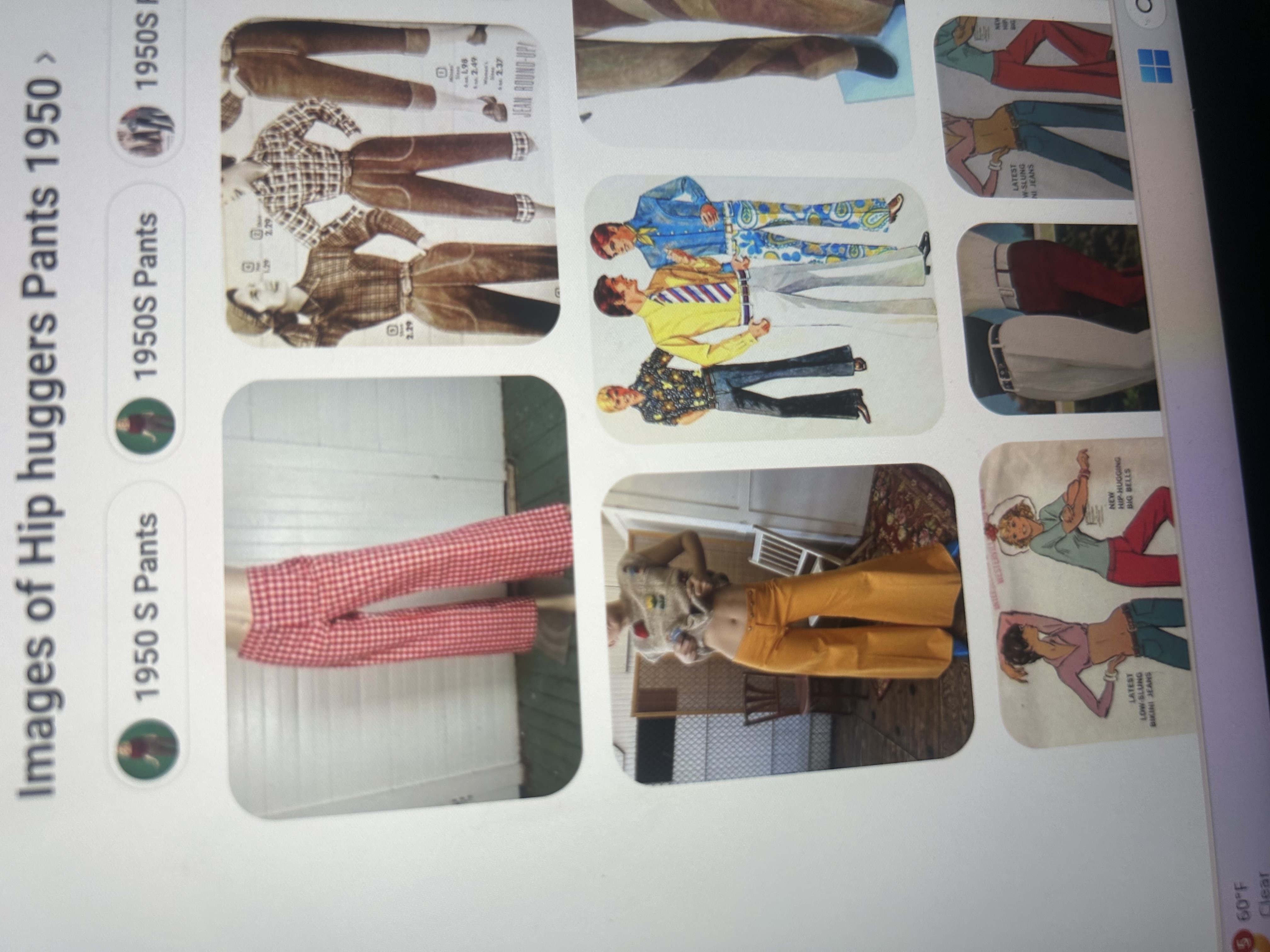 <p>Very flared bottoms fitted smoothly across the head and were made with a facing rather than a waistband at the top (low waist)</p>