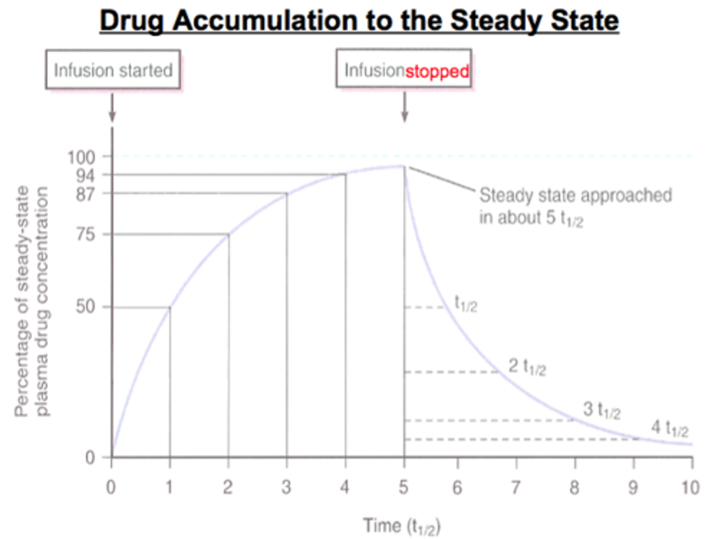 <p>one half life= 50%</p><p>two half lives= 75% (half of 50 is 25)</p><p>three half lives= 90% (+12.5)</p><p>four half lives= 100% (+6.125)</p>