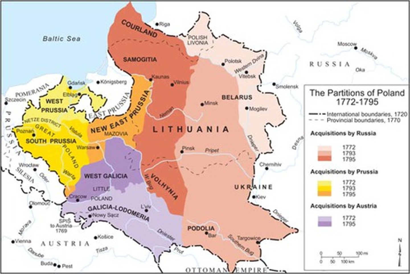 <p>Division of Polish territory among Russia, Prussia, and Austria in 1772, 1793, and 1795. It eliminated Poland as an independent state, and helped expanded Russian influence in eastern Europe.</p>