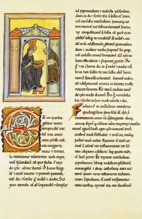 <p><strong>Hildegard von Bingen</strong></p><p>Duitse, 1098-1179</p><p>Manuscript <strong>Scivias </strong>(ca. 12de eeuw) 32,5 x 23,5 cm<br>Sci vias Domini (ken Gods wegen) Frontispice /Volmar</p>