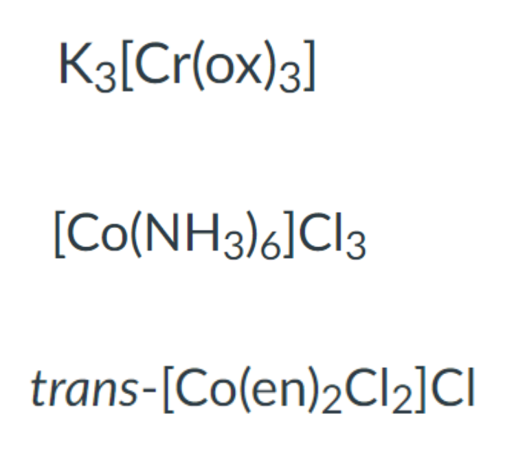 In ion exchange chromatography, based on the charges of coordination complexes, determine which compound would interact more strongly with a negatively charged column (see picture).