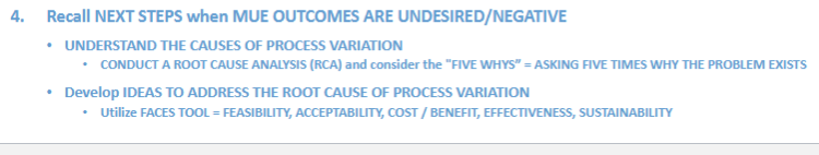 <ul><li><p>understand causes of process variation—&gt; <strong>conduct root cause analysis, consider the “5 WHYS”</strong></p></li><li><p>Develop idea to address the root cause of process variation—&gt; <strong>use FACES tool (FACE= feasibility, acceptability, cost/benefit, effectiveness)</strong></p></li></ul><p></p>