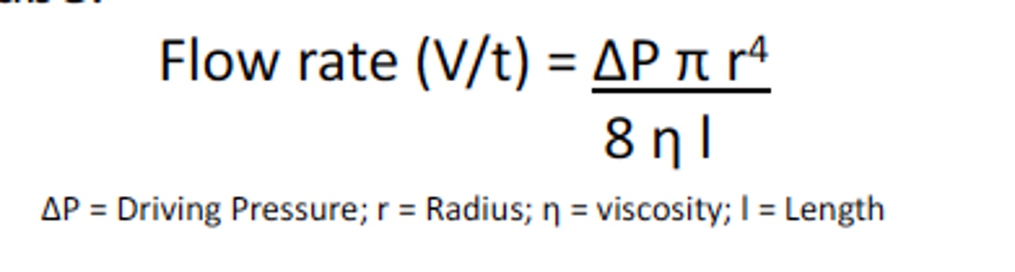 <p>Hagen-Poiseuille-law- equation that describes stationary laminar flow of newtonian fluids in rigids tubes: (volumetric flow rate is dependent on the radius of the tube by the fourth power)</p><p>flow resistance: directly proportional to the length of the tube (l), viscosity of the fluid and i​nversely proportional to the square of cross section area!</p>