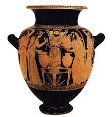 <p>What is the maenad on Dionysus’ immediate right doing?</p>