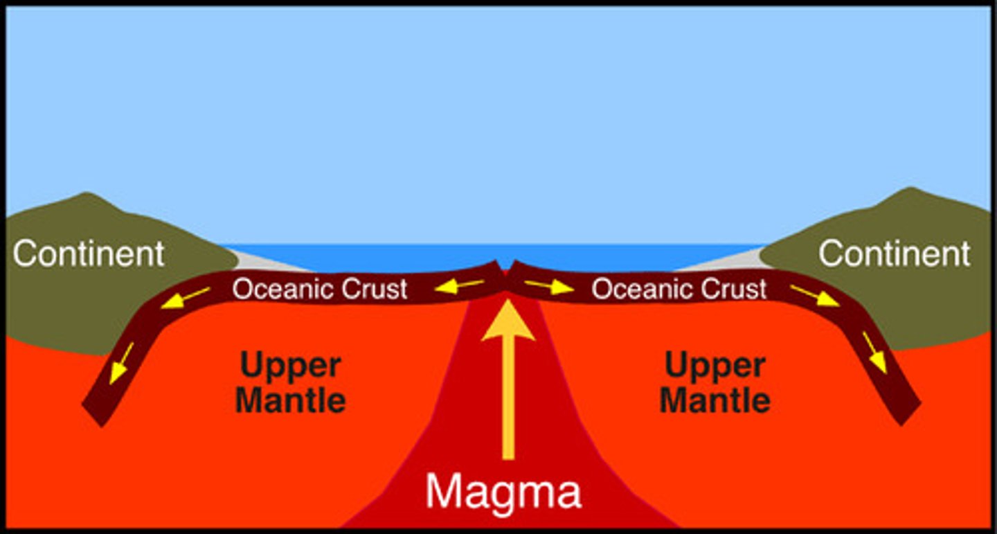 <p>- divergent plate moves away from each other</p><p>- magma rises</p><p>- iron rich lava erupts from the center of mid- oceanic ridge</p><p>- lava cools and solidifies forming new oceanic crust</p><p>- crust is pushed away from ridge</p><p>- rocks nearest to the mid- oceanic ridge are the youngest</p><p>- rocks further away are older</p><p>- new crust formed at mid-oceanic ridges</p><p>- older crust destroyed at oceanic trench</p>