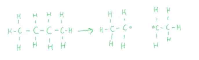 <p>C<sub>4</sub>H<sub>10 </sub>→ C<sub>2</sub>H<sub>5</sub></p>