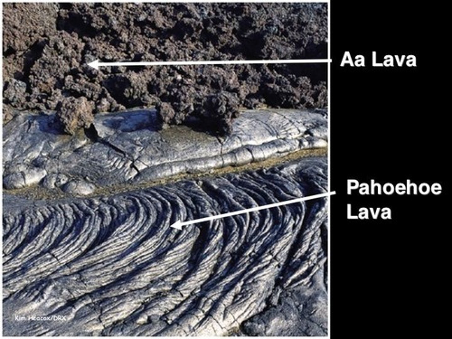 <p>Pahoehoe - smooth, billowy</p><p>Aa - fragmented, rough, spiky</p>