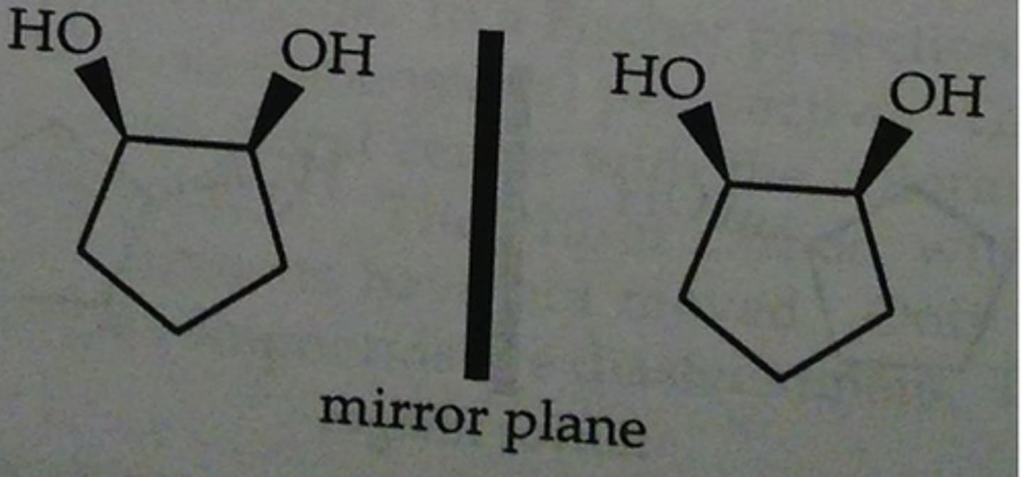 <p>a molecule whose mirror image is superimposable on itself and must have 2 chiral centers (when comparing molecules, these are the same)</p>