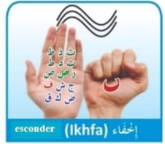 <h3 id="019f13fd-4e3a-4b6e-a204-554e9d0449e2" data-toc-id="019f13fd-4e3a-4b6e-a204-554e9d0449e2" collapsed="false" seolevelmigrated="true">Esconder</h3><p>Se lee la ن con supresión para que no se note con claridad y se junta con la siguiente letra haciendo ghunnah.</p>