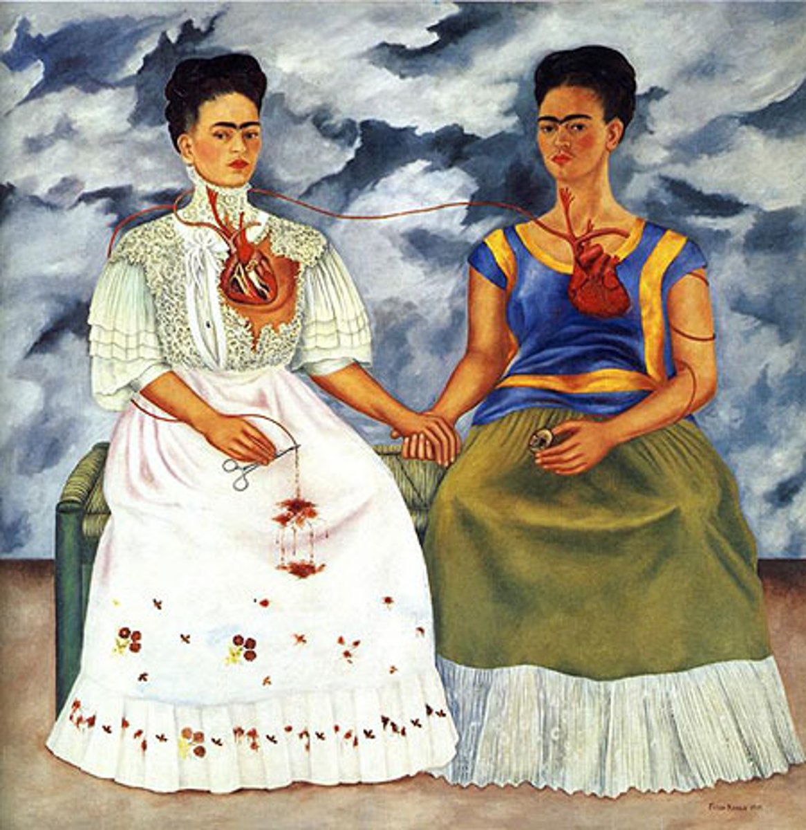 <p>Frida Kahlo's self-portrait of herself with both of her exposed hearts interlinked by a vein. The two versions of herself are holding hands.</p>
