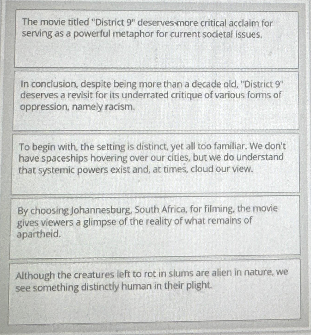 <p>Place the following sentences into a well-organized paragraph. (Move the options into the box on the right, placing them in the selected order. Use all the options) </p>