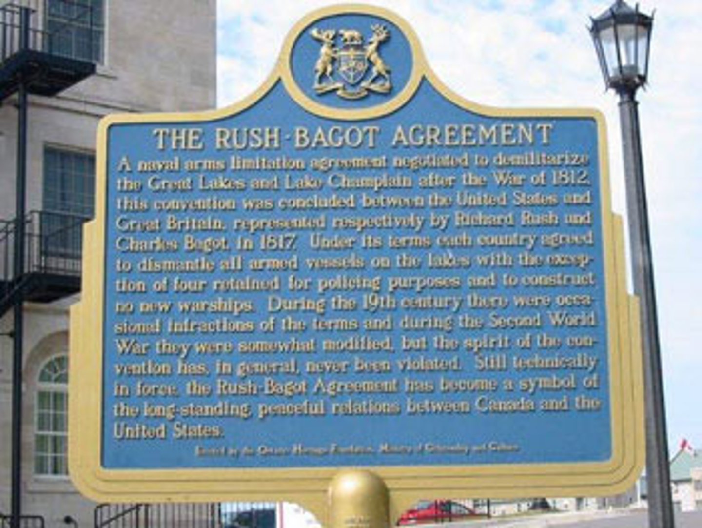 <p>Signed by Britain and the United States, it established strict limits on naval armaments in the Great Lakes, a first step in the full demilitarization of the U.S.-Canadian border, completed in the 1870s.</p>