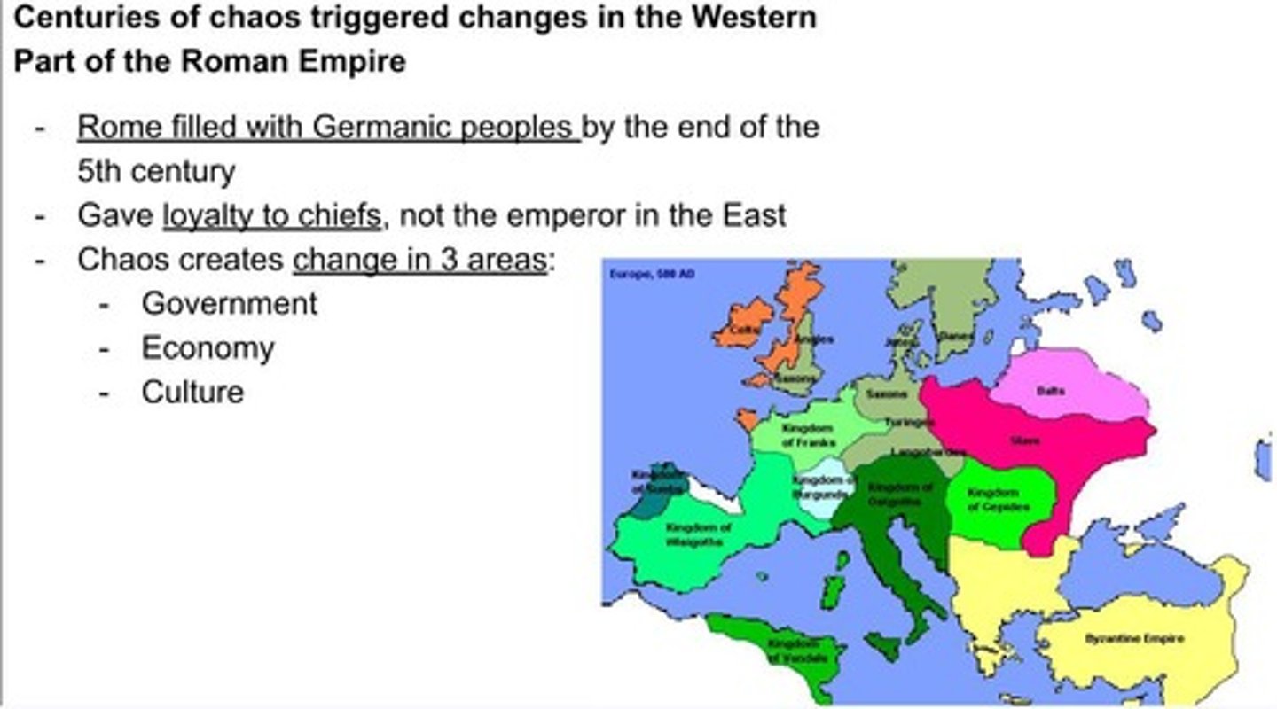 <p>Rome was filled with Germanic peoples who gave loyalty to chiefs instead of the emperor.</p>