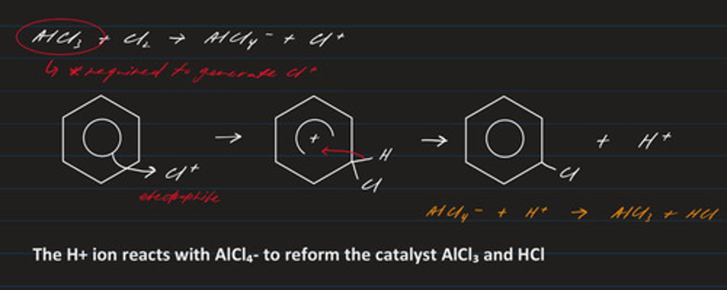 <p>- electrophilic substitution (electrophile: Cl⁺)</p><p>- product: chlorobenzene</p>