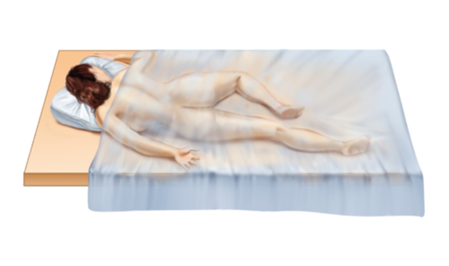 <p>Lying on the left side, right knee and thigh flexed well above the left leg, placing the body weight on the chest.</p>