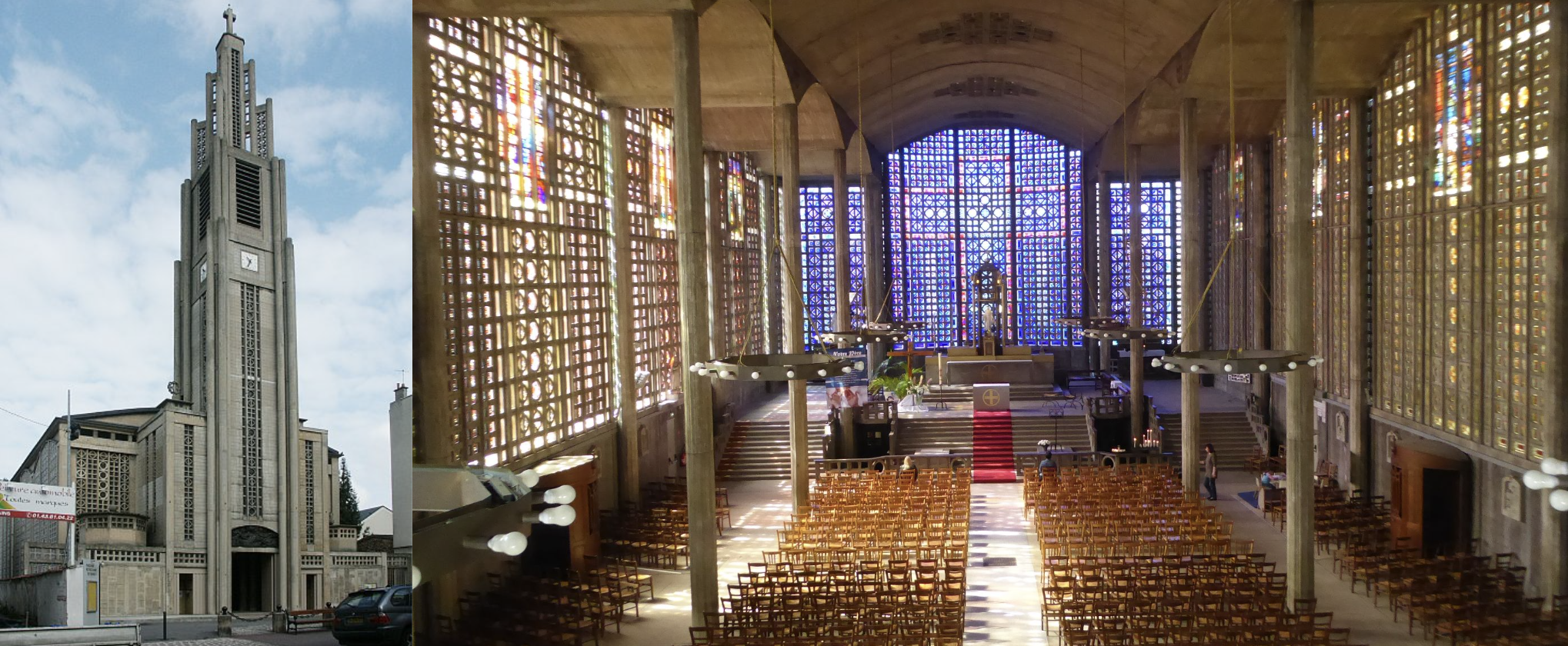 <ul><li><p>achievement in concrete design</p></li><li><p>traditional church exterior but all concrete</p><ul><li><p>concrete columns with steel rebar (carries load)</p></li><li><p>thin-shell concrete vault > arch form has strength</p></li><li><p>glass blocks with light</p></li></ul></li></ul><p></p>