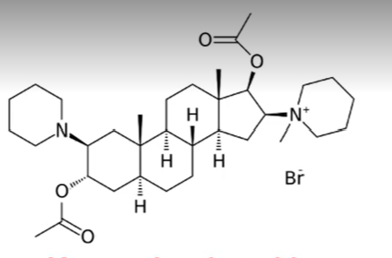 <p>steroid based neuromuscular blocking agent</p><p></p><p>all of its metabolites are active so it has prolonged neuromuscular action</p><p></p><p>does not induce histamine so it has no CV side effects</p>