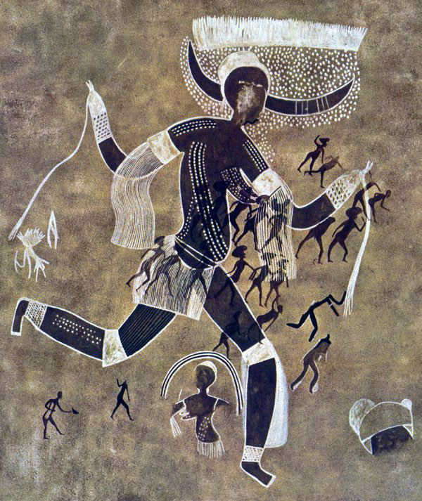 <p>Running Horned Women. Tassili n’Algeria. 6,000-4,000 BCE. Pigment on Rock. </p>